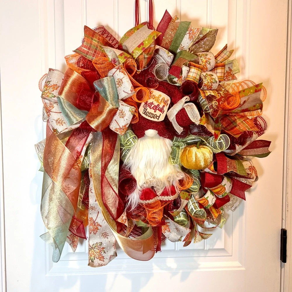 Autum Fall Ribbon Wreath Thankful Gnome Handmade 22 in’s. #W3